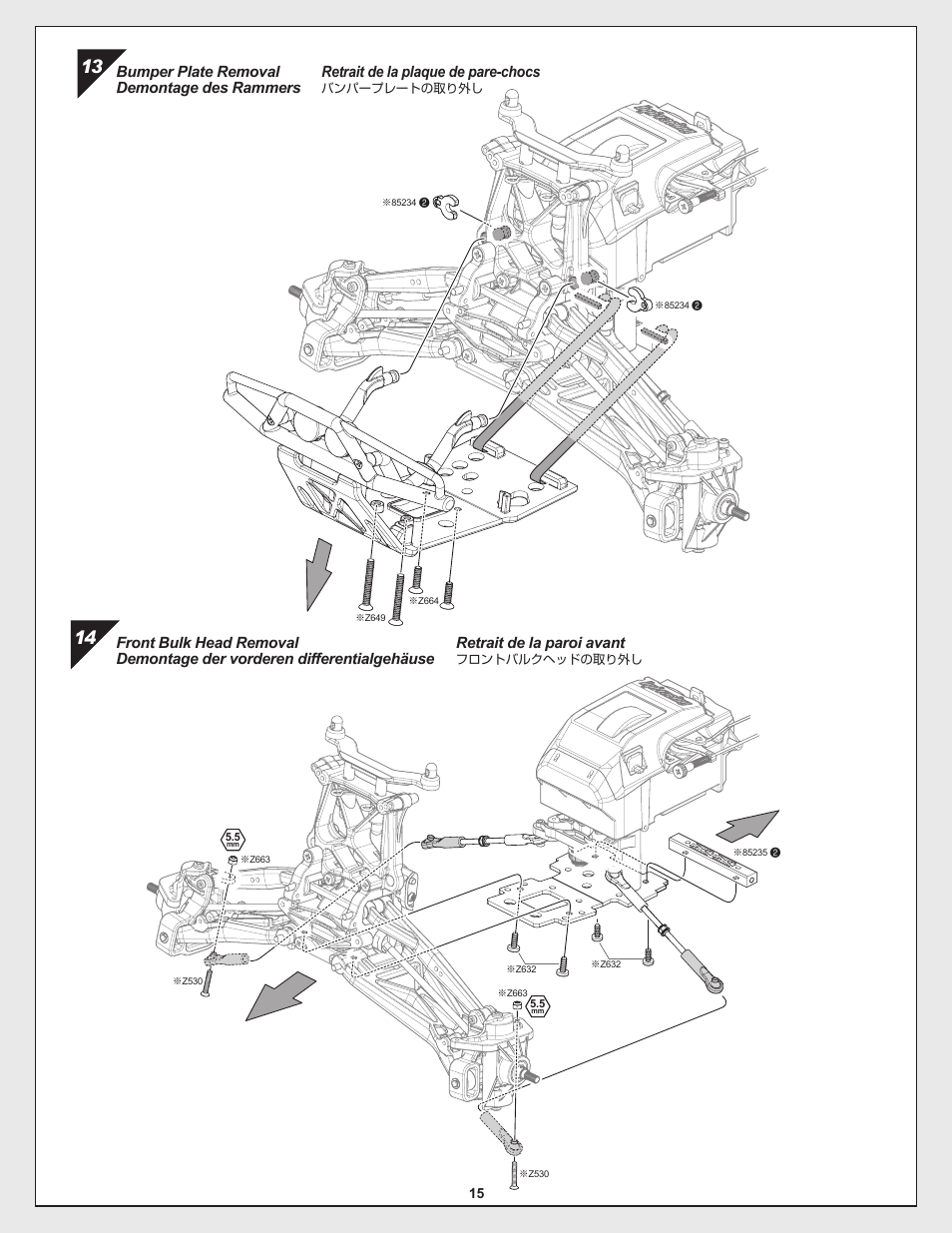 Retrait de la paroi avant, Retrait de la plaque de pare-chocs, Bumper plate removal demontage des rammers | HPI Racing Savage Flux Conversion User Manual | Page 15 / 48