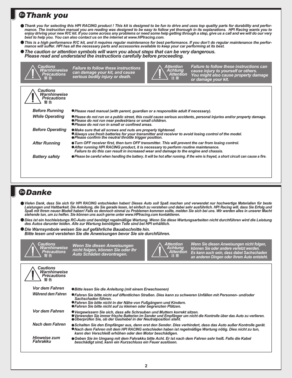 Danke | HPI Racing Savage Flux Conversion User Manual | Page 2 / 48