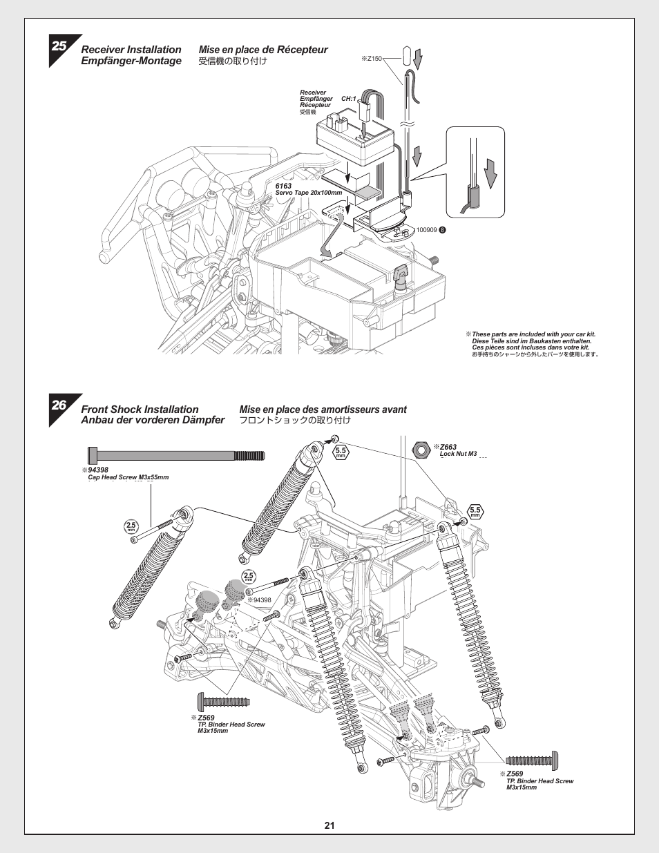 Mise en place des amortisseurs avant, Receiver installation empfänger-montage | HPI Racing Savage Flux Conversion User Manual | Page 21 / 48