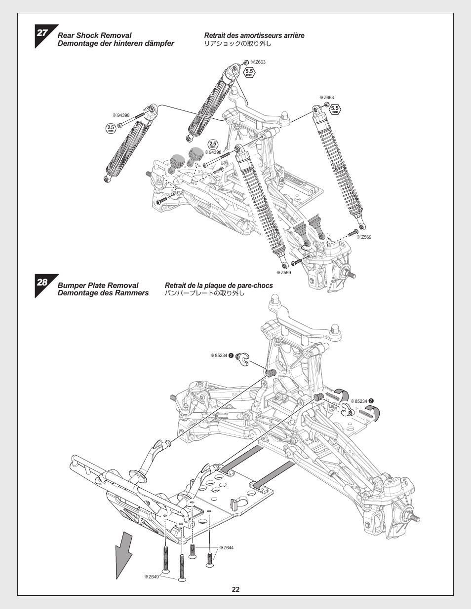 Retrait de la plaque de pare-chocs, Rear shock removal demontage der hinteren dämpfer | HPI Racing Savage Flux Conversion User Manual | Page 22 / 48