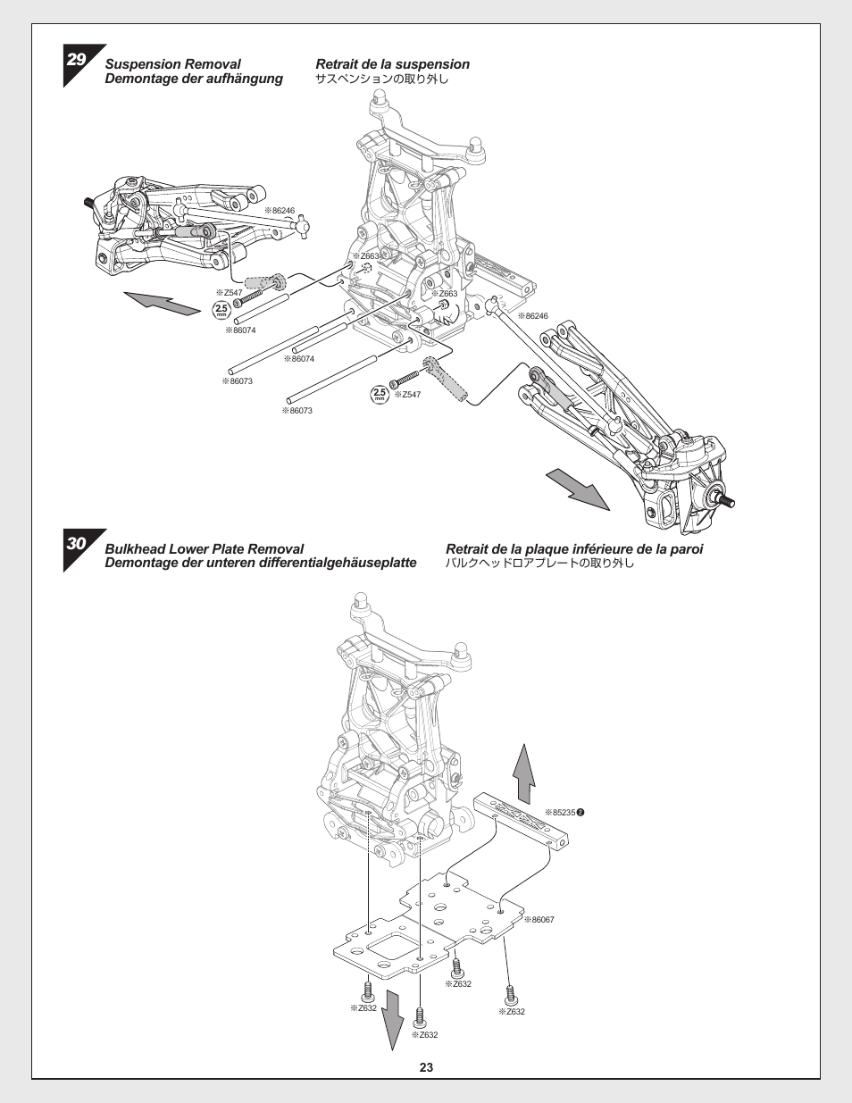 Retrait de la plaque inférieure de la paroi, Retrait de la suspension, Suspension removal demontage der aufhängung | HPI Racing Savage Flux Conversion User Manual | Page 23 / 48