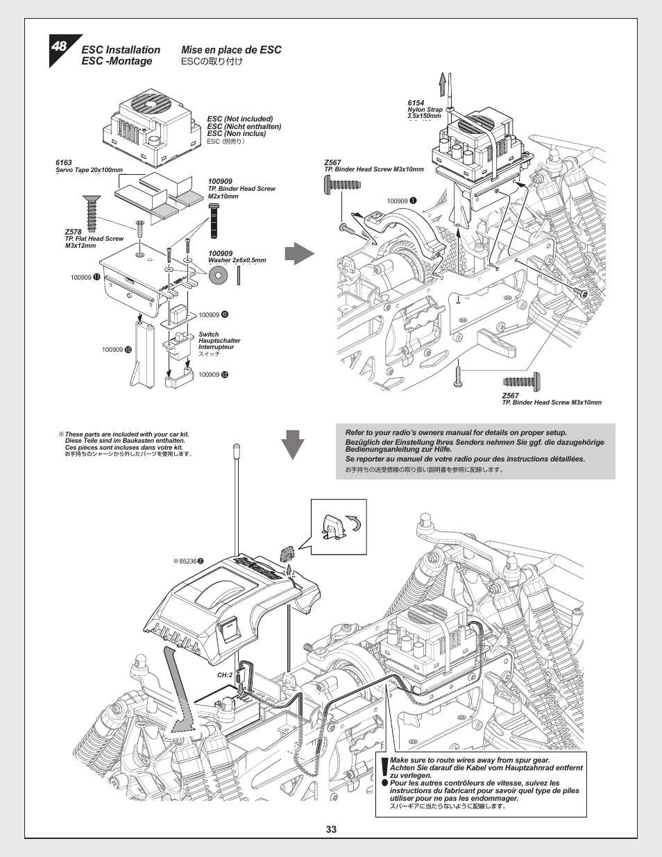 Mise en place de esc, Esc installation esc -montage | HPI Racing Savage Flux Conversion User Manual | Page 33 / 48