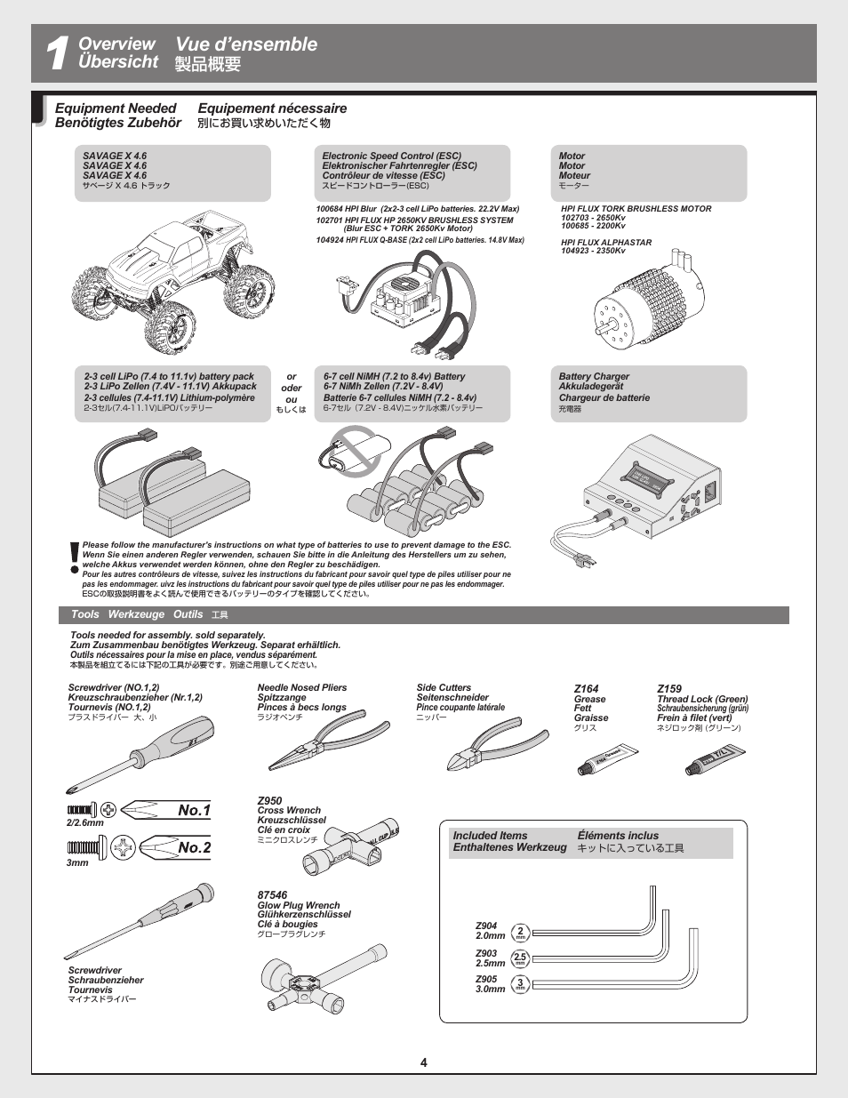 Vue d’ensemble, Overview übersicht, 製品概要 | Equipement nécessaire, Equipment needed benötigtes zubehör | HPI Racing Savage Flux Conversion User Manual | Page 4 / 48