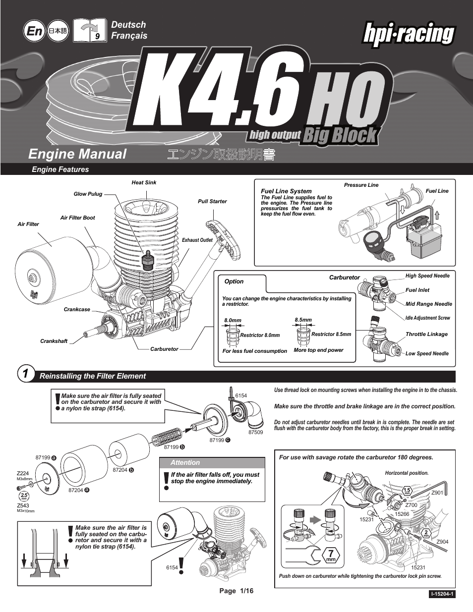 HPI Racing K4.6 HO Engine User Manual | 16 pages