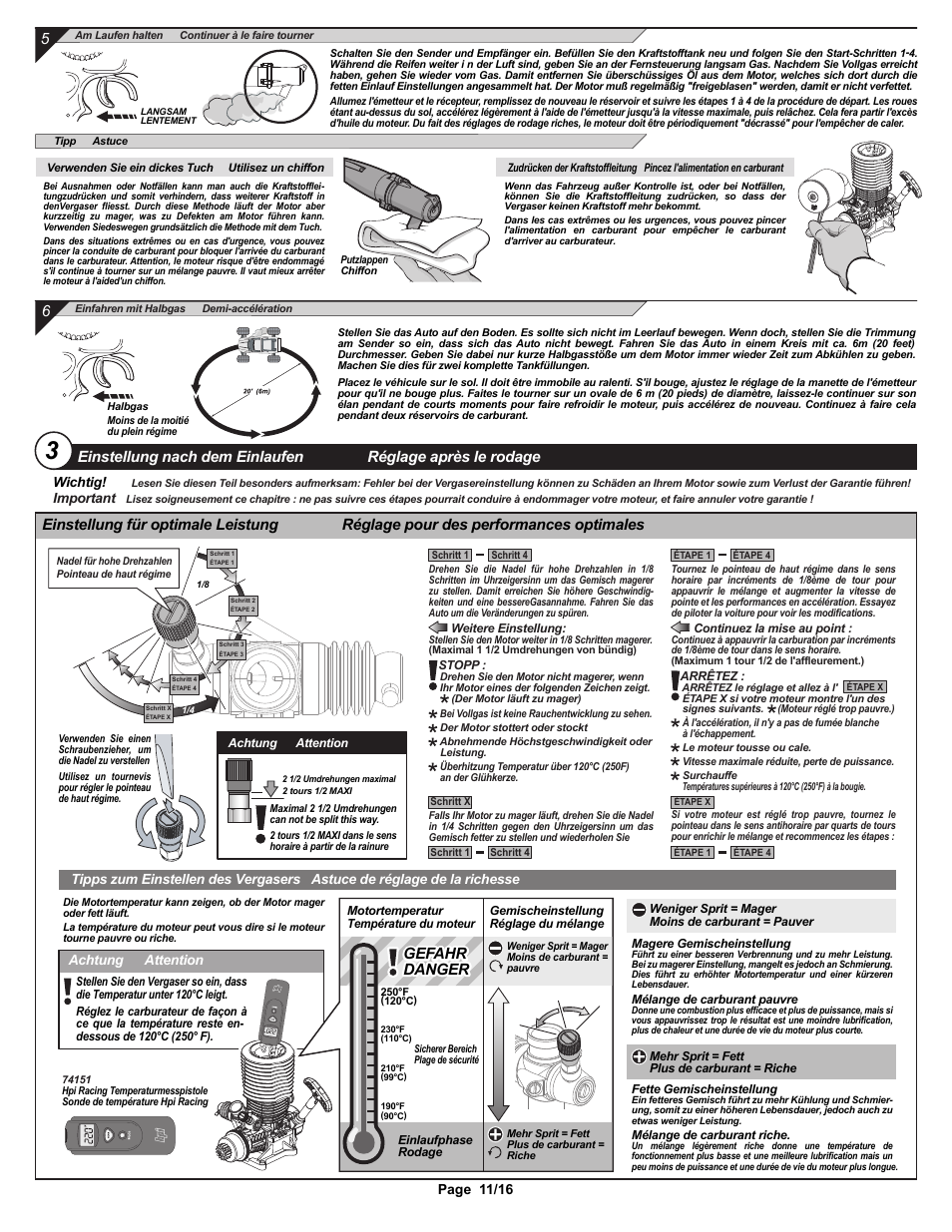 I-15204-1 pg11.ai, Gefahr danger gefahr danger, Page 11/16 | Achtung attention, Wichtig, Important | HPI Racing K4.6 HO Engine User Manual | Page 11 / 16