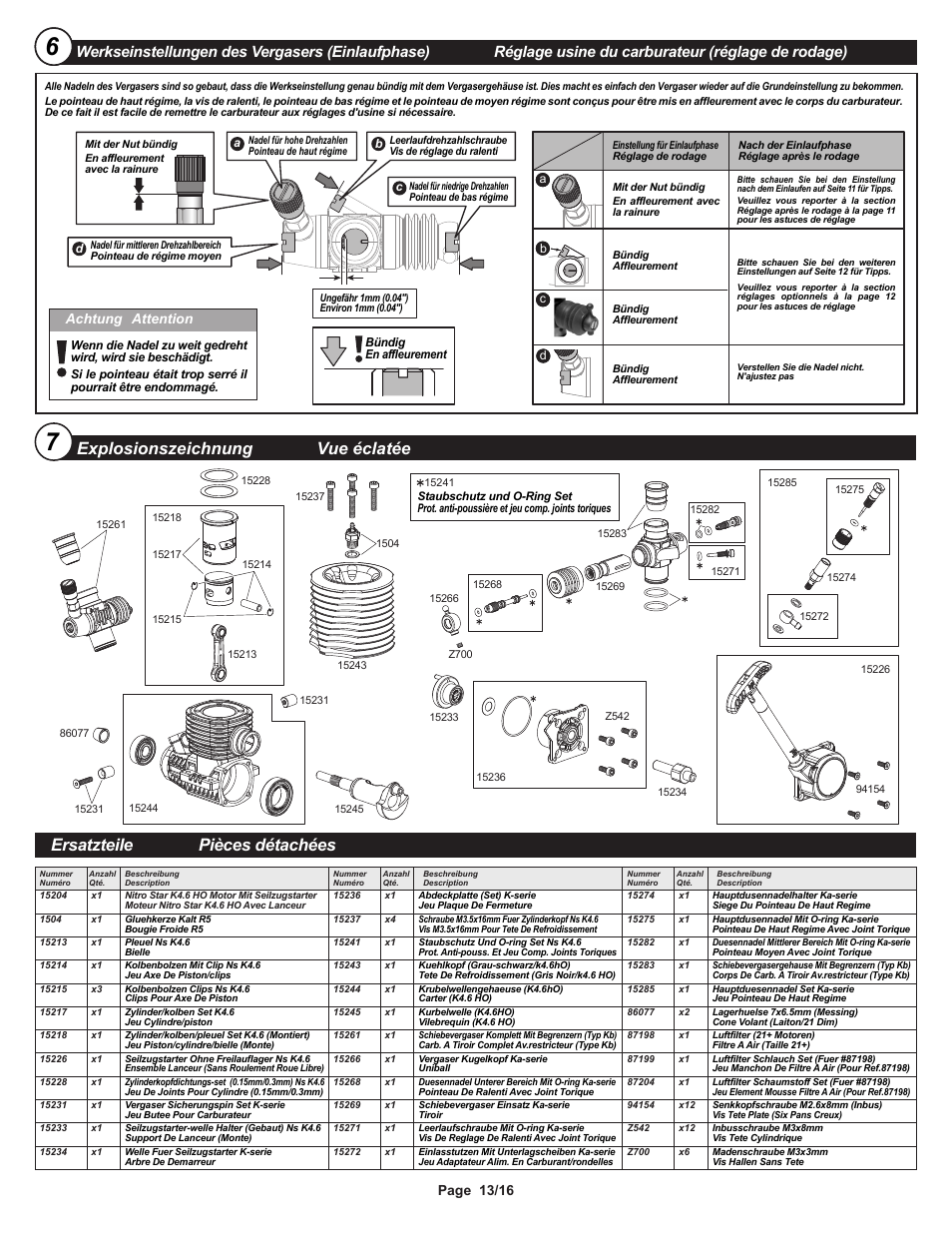 I-15204-1 pg13.ai, Ersatzteile pièces détachées, Explosionszeichnung | Vue éclatée, Page 13/16, Achtung attention | HPI Racing K4.6 HO Engine User Manual | Page 13 / 16