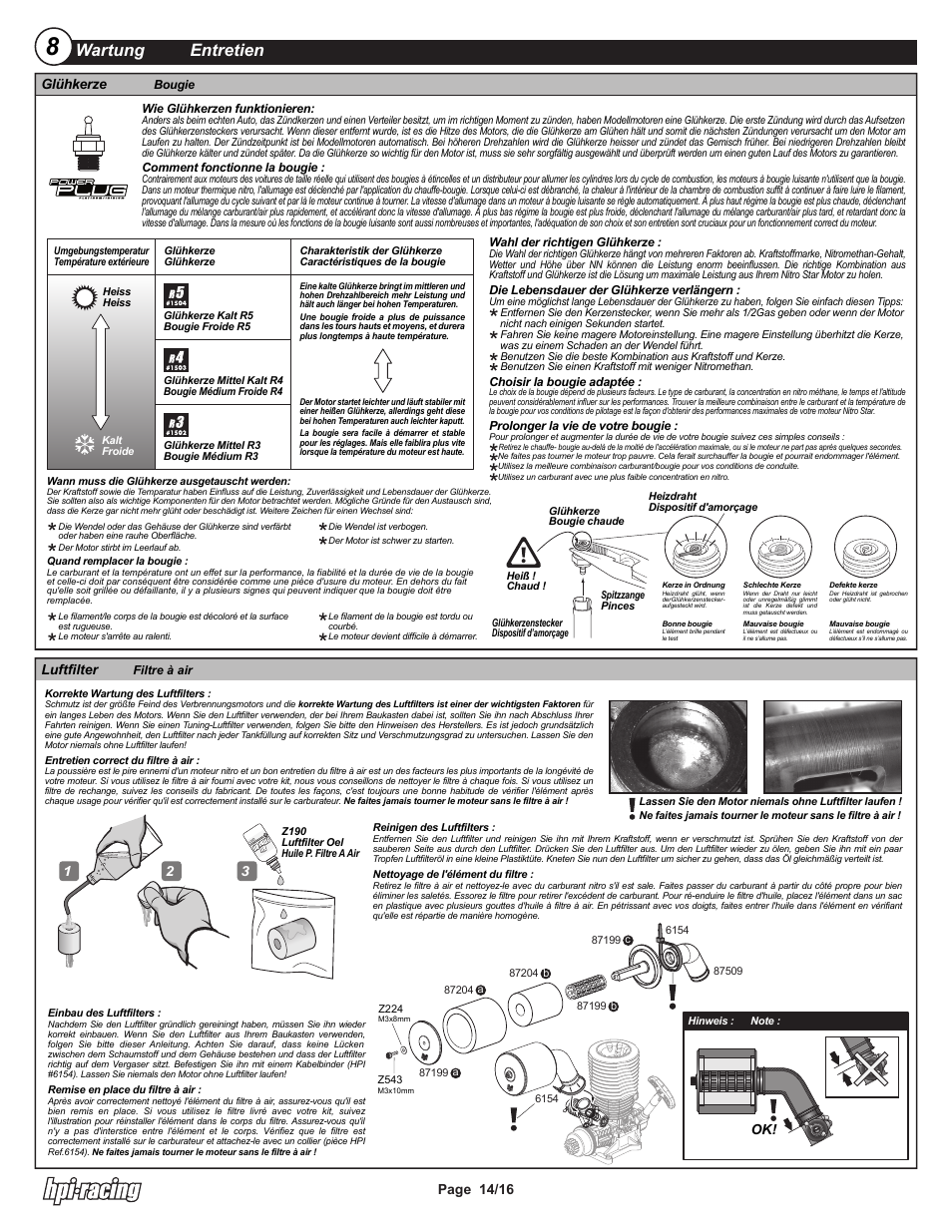 I-15204-1 pg14.ai, Wartung entretien, Page 14/16 | Glühkerze, Luftfilter | HPI Racing K4.6 HO Engine User Manual | Page 14 / 16