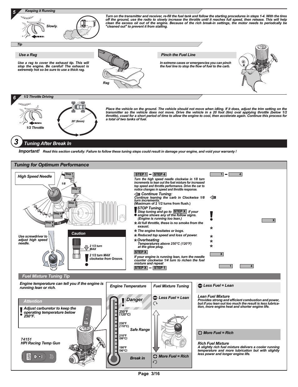 I-15204-1 pg3.ai, Danger, Tuning after break in | Tuning for optimum performance, Page 3/16 fuel mixture tuning tip, Attention, Important | HPI Racing K4.6 HO Engine User Manual | Page 3 / 16