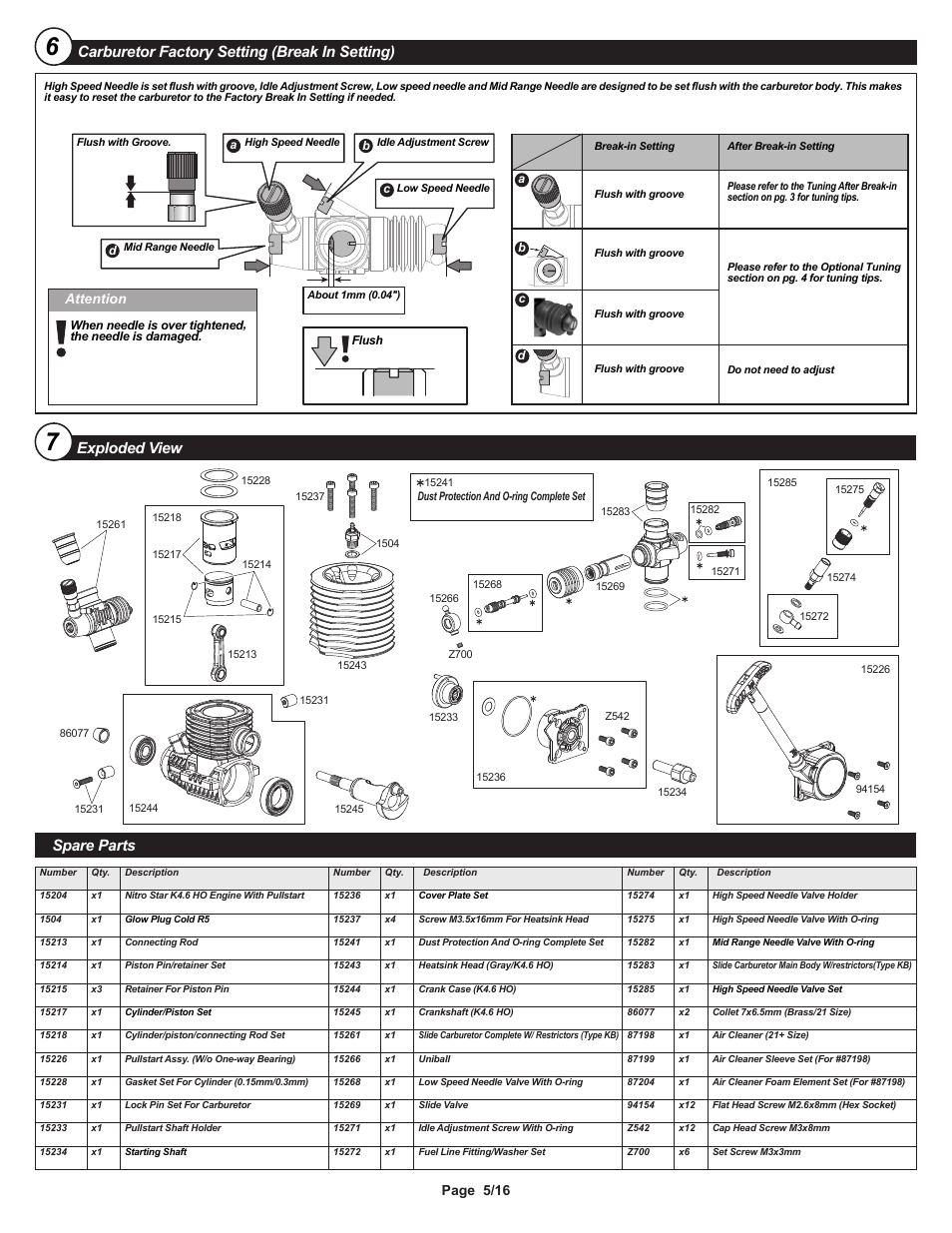 I-15204-1 pg5.ai, Carburetor factory setting (break in setting), Exploded view | Spare parts, Page 5/16, Attention | HPI Racing K4.6 HO Engine User Manual | Page 5 / 16