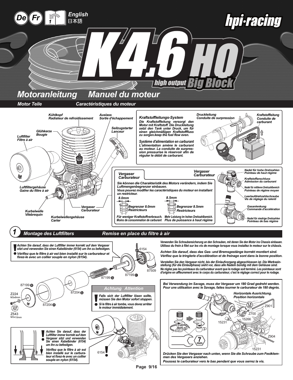 I-15204-1 pg9.ai, Motoranleitung manuel du moteur, De fr 1 | English, Motor teile caractéristiques du moteur | HPI Racing K4.6 HO Engine User Manual | Page 9 / 16