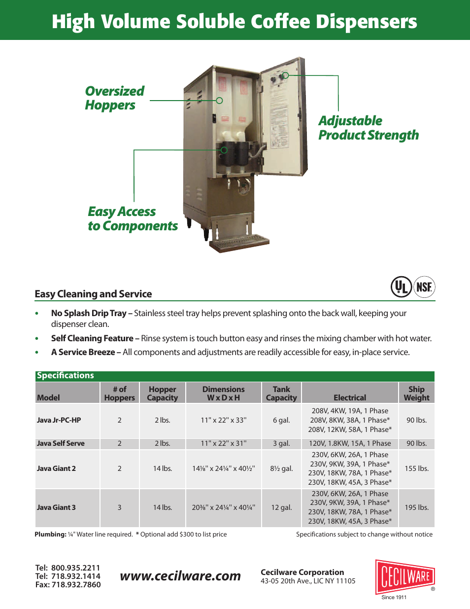 High volume soluble coffee dispensers, Easy cleaning and service | Cecilware Java Giant User Manual | Page 2 / 2