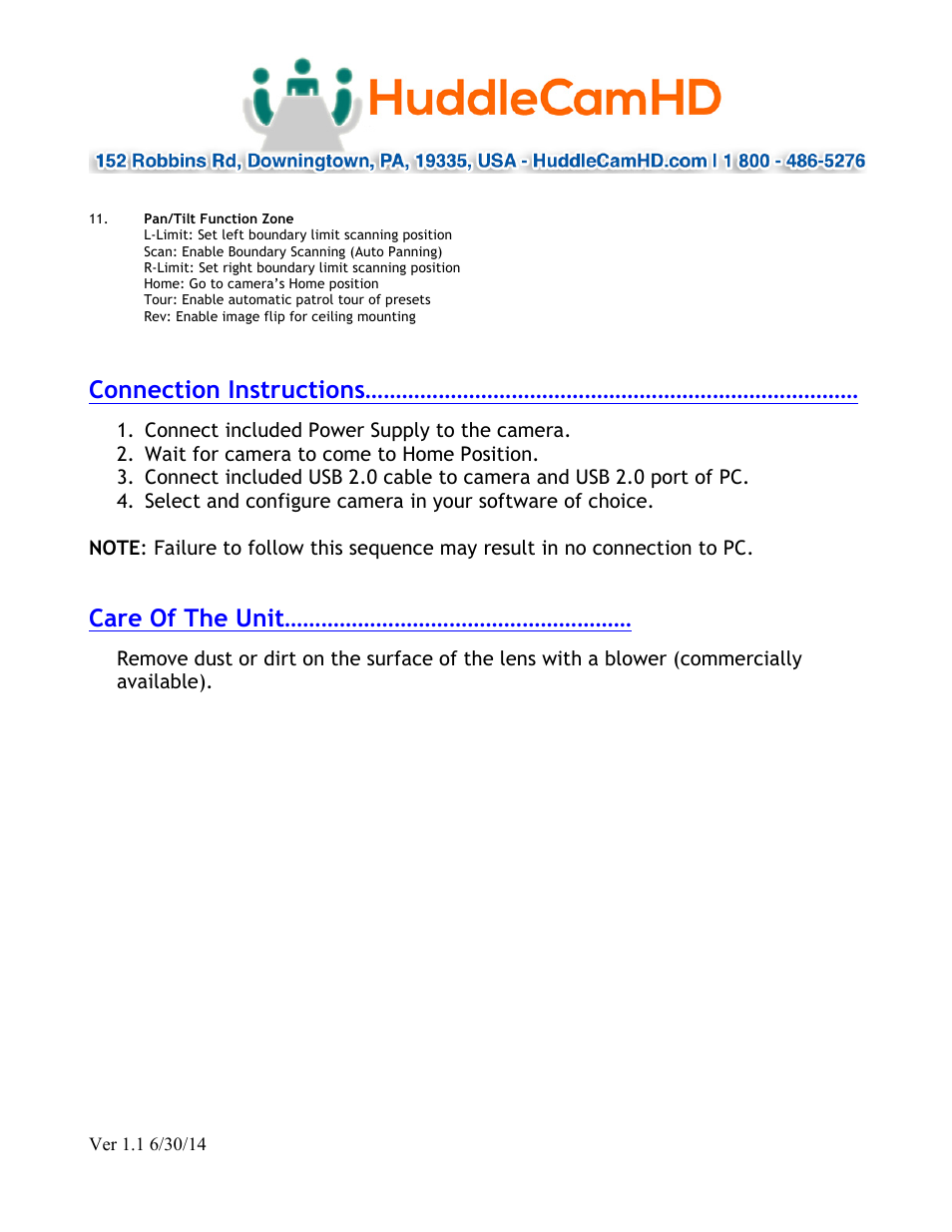 Connection instructions, Care of the unit | HuddleCamHD 3X User Manual | Page 13 / 20