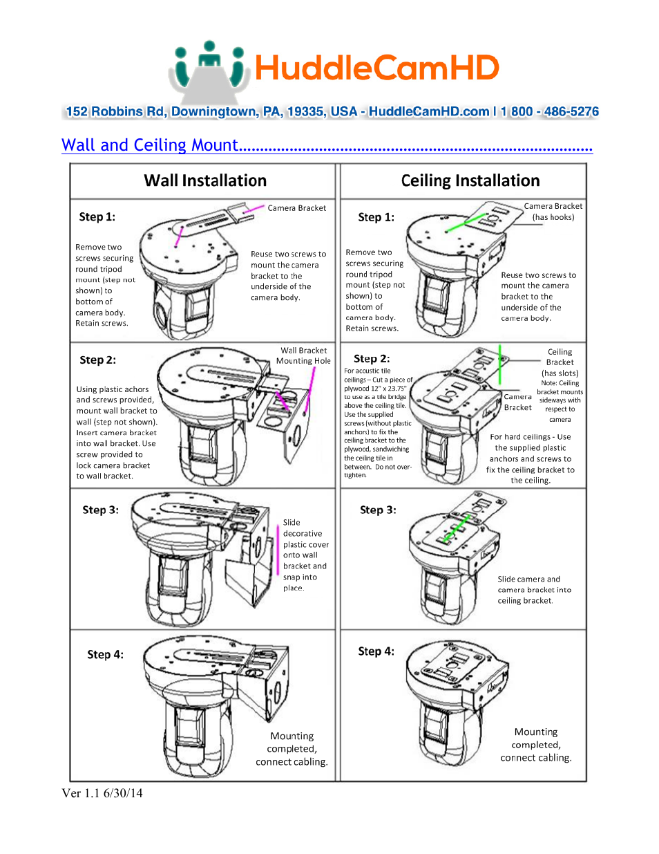 Wall and ceiling mount | HuddleCamHD 3X User Manual | Page 16 / 20