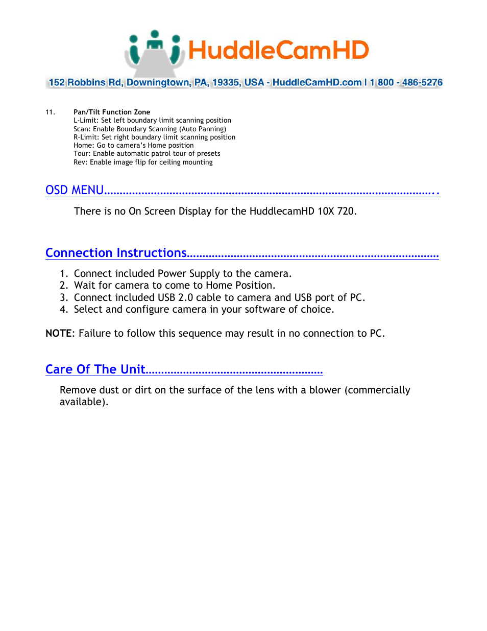 Osd menu, Connection instructions, Care of the unit | HuddleCamHD 10x 720 User Manual | Page 11 / 14