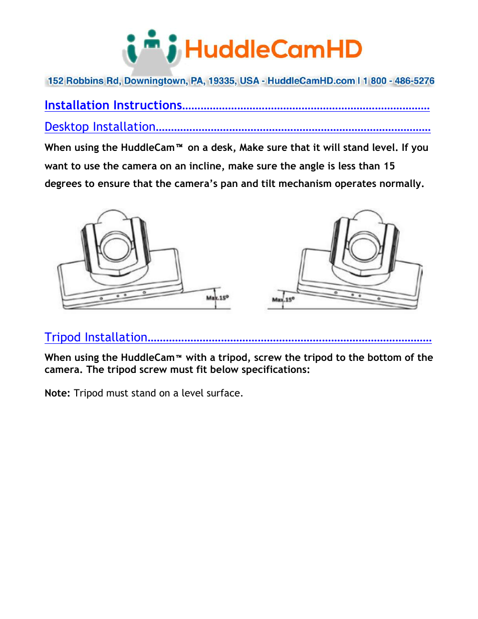 Tripod installation | HuddleCamHD 10x 720 User Manual | Page 12 / 14
