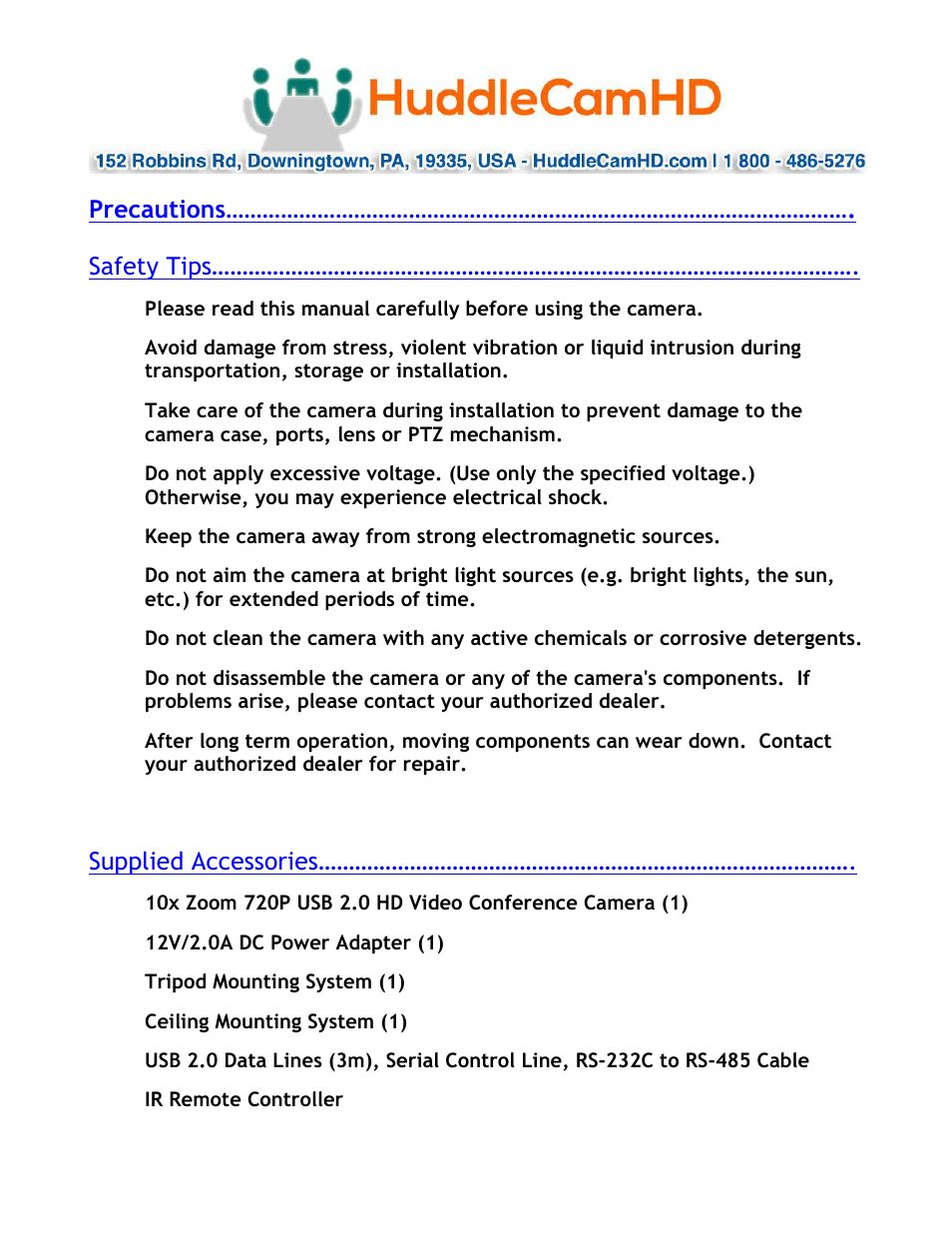 HuddleCamHD 10x 720 User Manual | Page 2 / 14