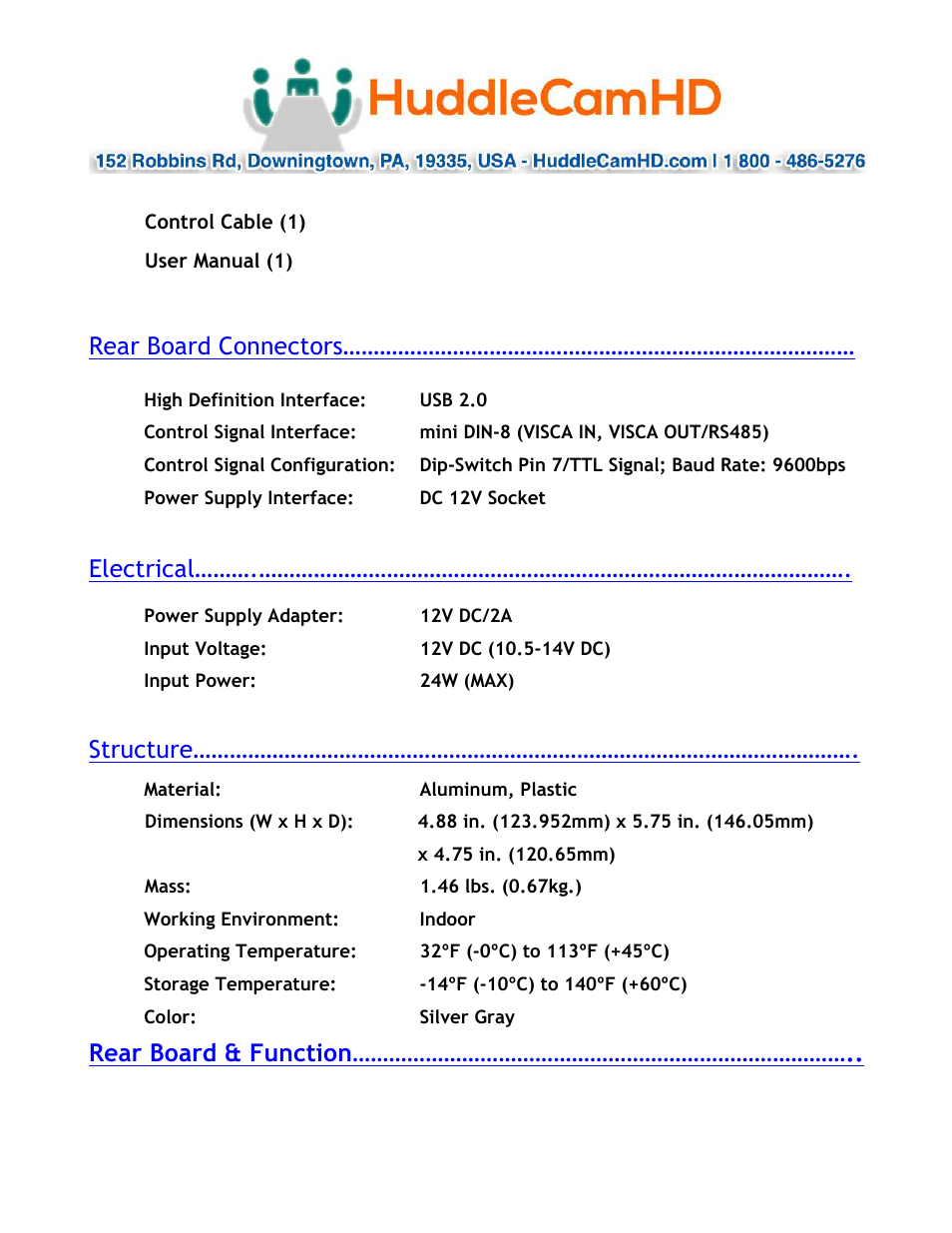 Rear board connectors, Electrical, Structure | Rear board & function | HuddleCamHD 10x 720 User Manual | Page 3 / 14