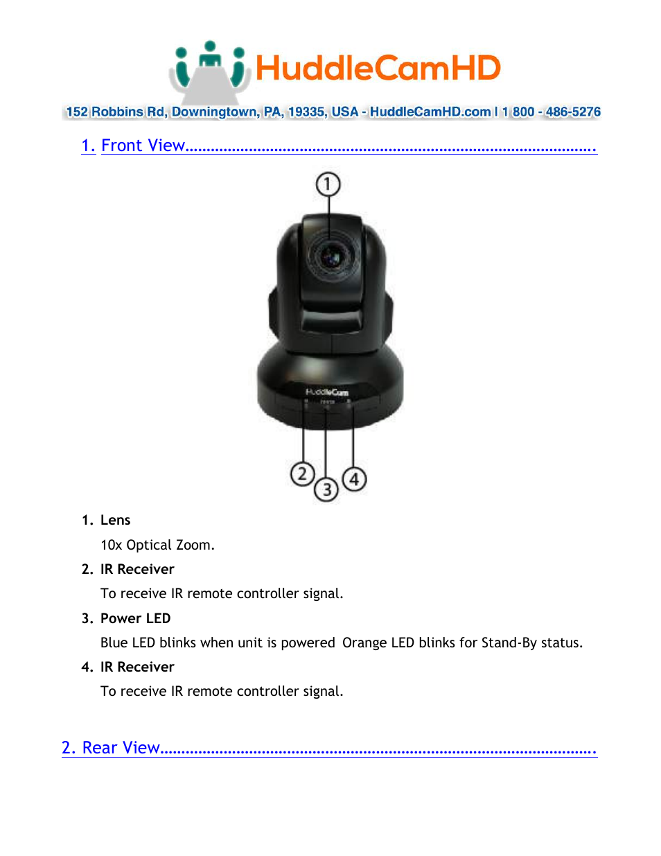 Front view, Rear view | HuddleCamHD 10x 720 User Manual | Page 4 / 14