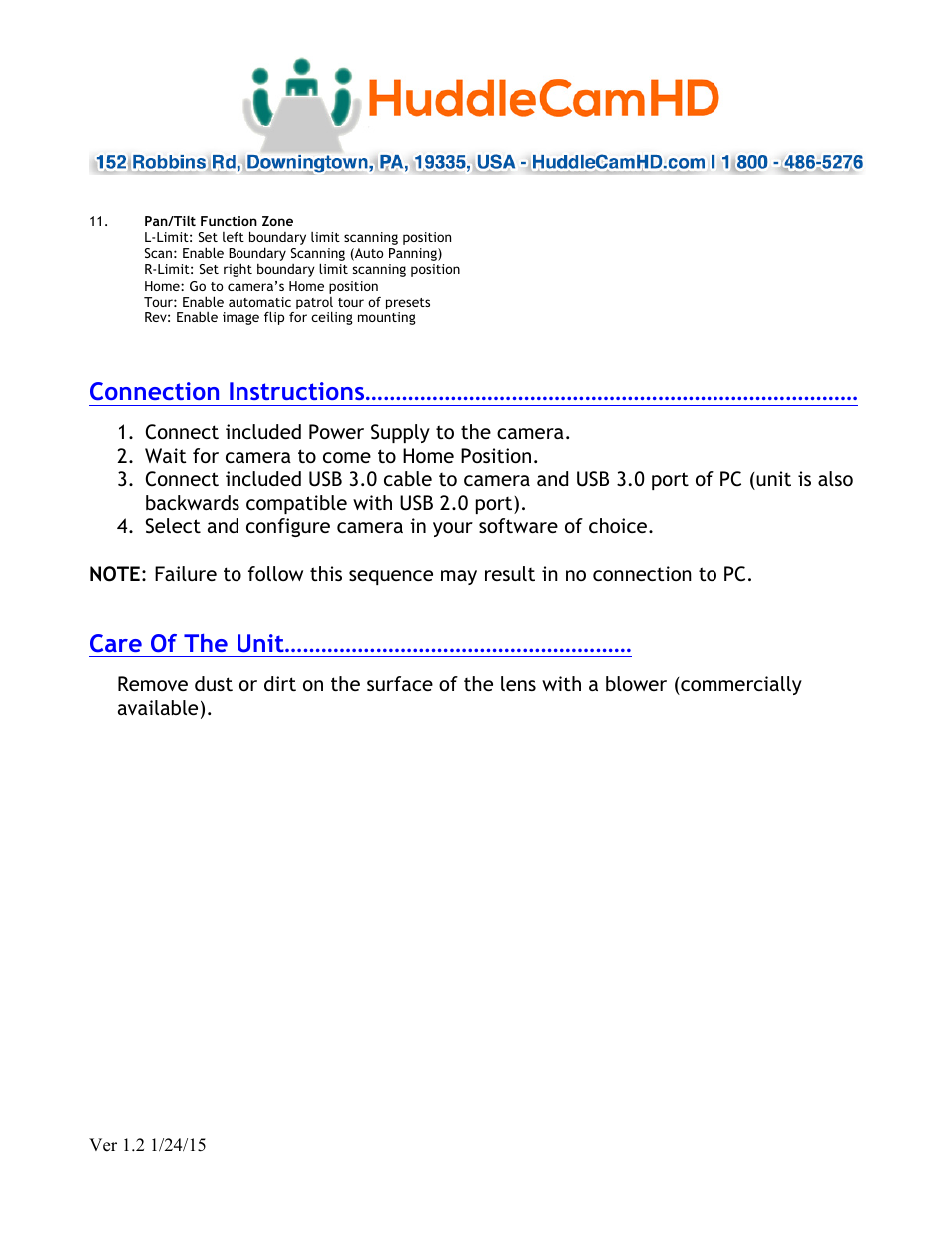 Connection instructions, Care of the unit | HuddleCamHD 3x Wide User Manual | Page 14 / 21