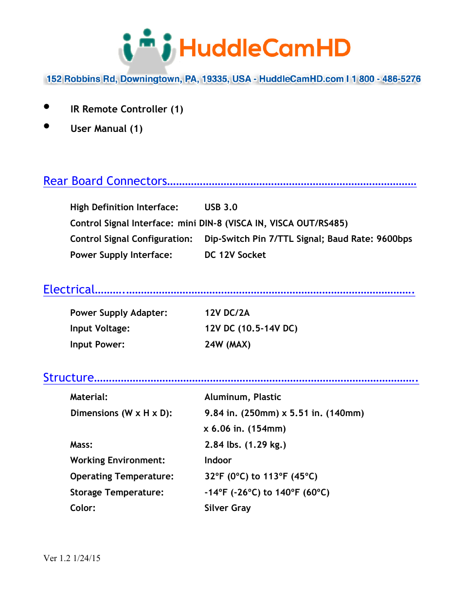 Rear board connectors, Electrical, Structure | HuddleCamHD 3x Wide User Manual | Page 3 / 21