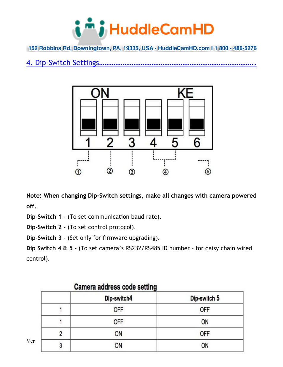 Dip-switch settings | HuddleCamHD 3x Wide User Manual | Page 9 / 21