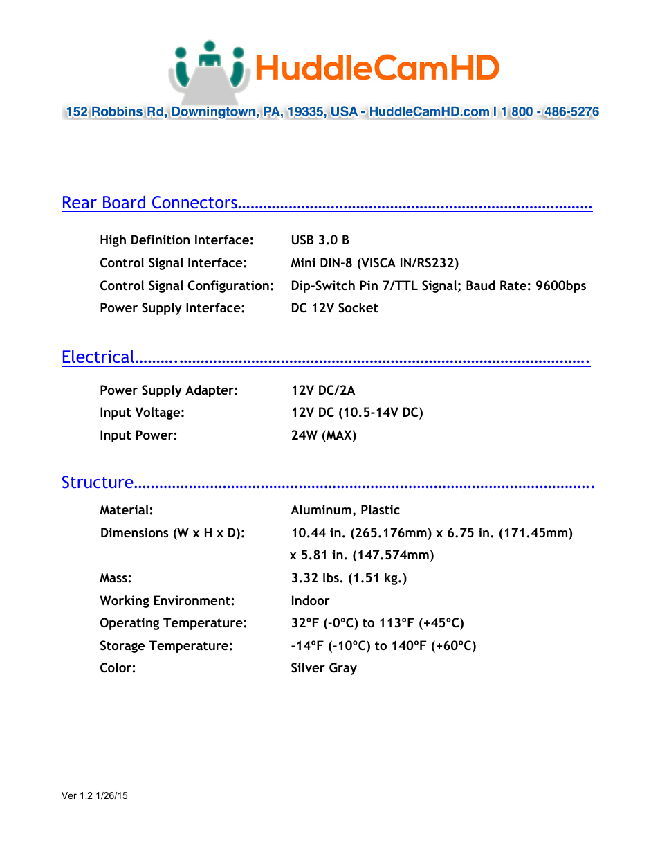 Rear board connectors, Electrical, Structure | HuddleCamHD 12x User Manual | Page 3 / 21