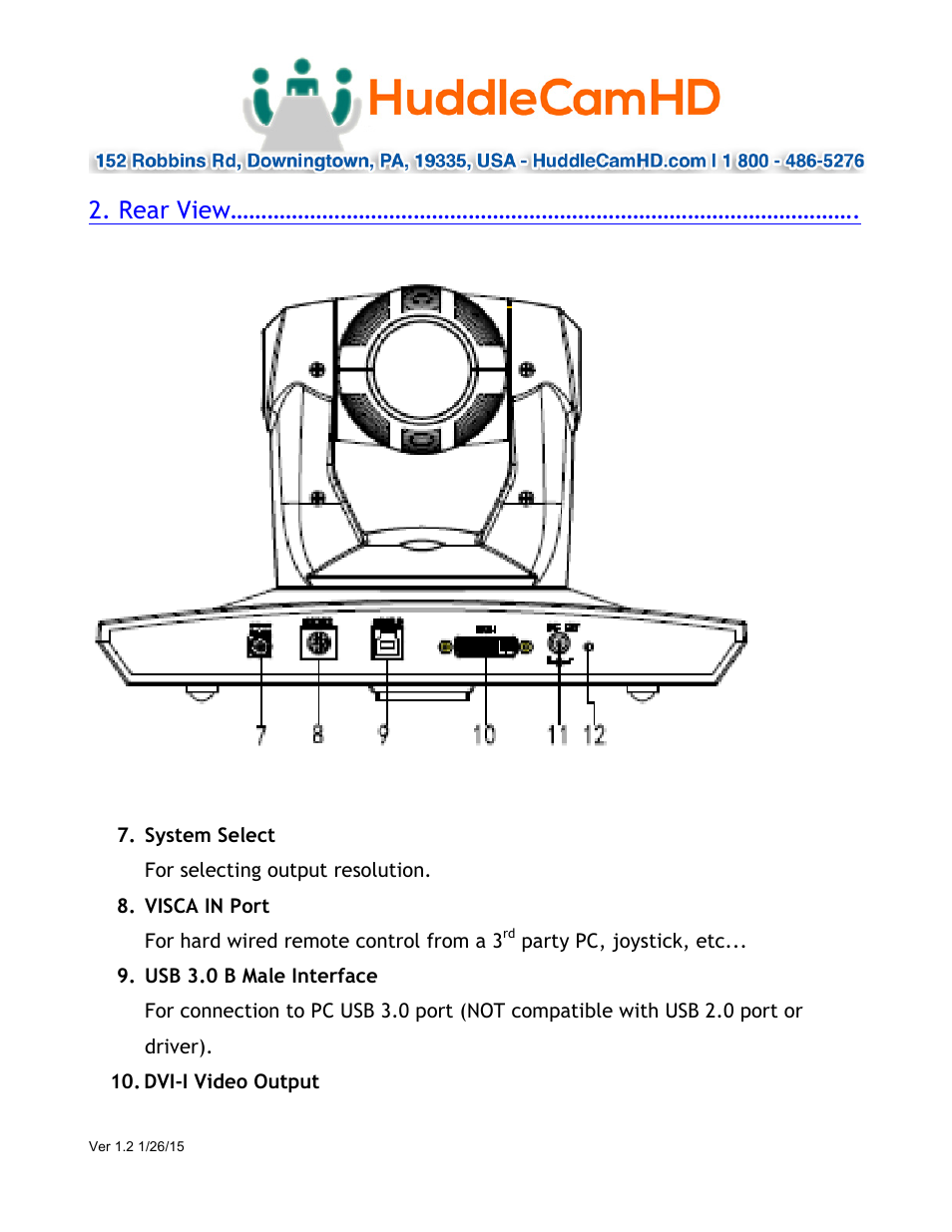 Rear view | HuddleCamHD 12x User Manual | Page 5 / 21