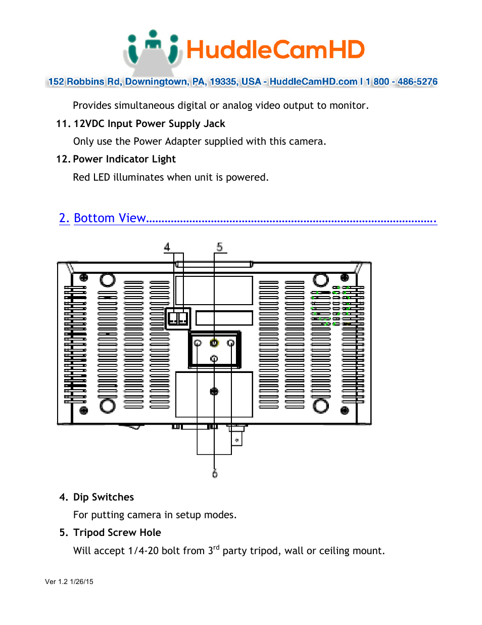 Bottom view | HuddleCamHD 12x User Manual | Page 6 / 21