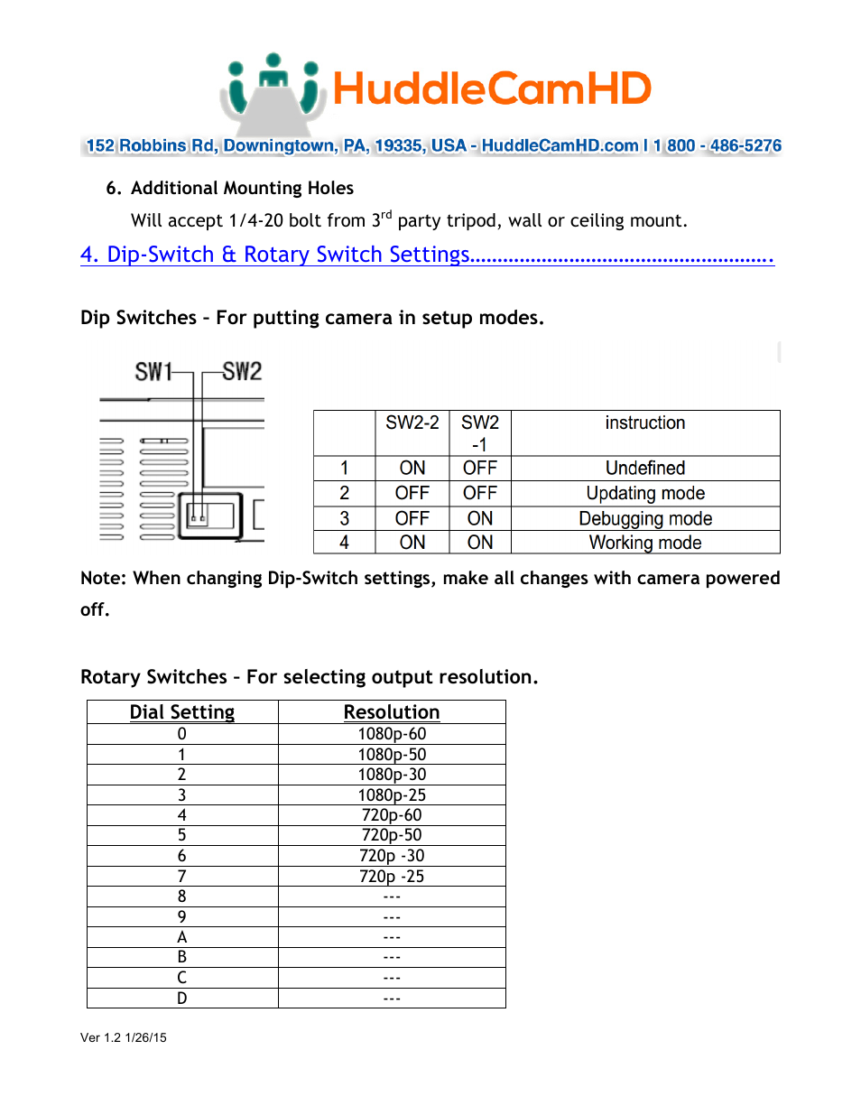 Dip-switch & rotary switch settings | HuddleCamHD 12x User Manual | Page 7 / 21
