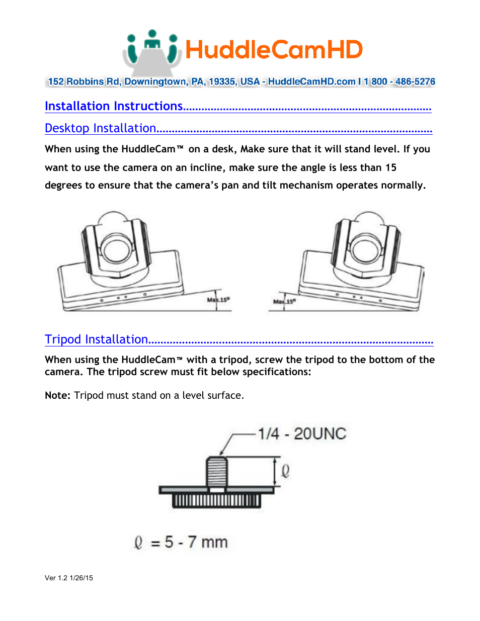 Tripod installation | HuddleCamHD 18x User Manual | Page 14 / 20