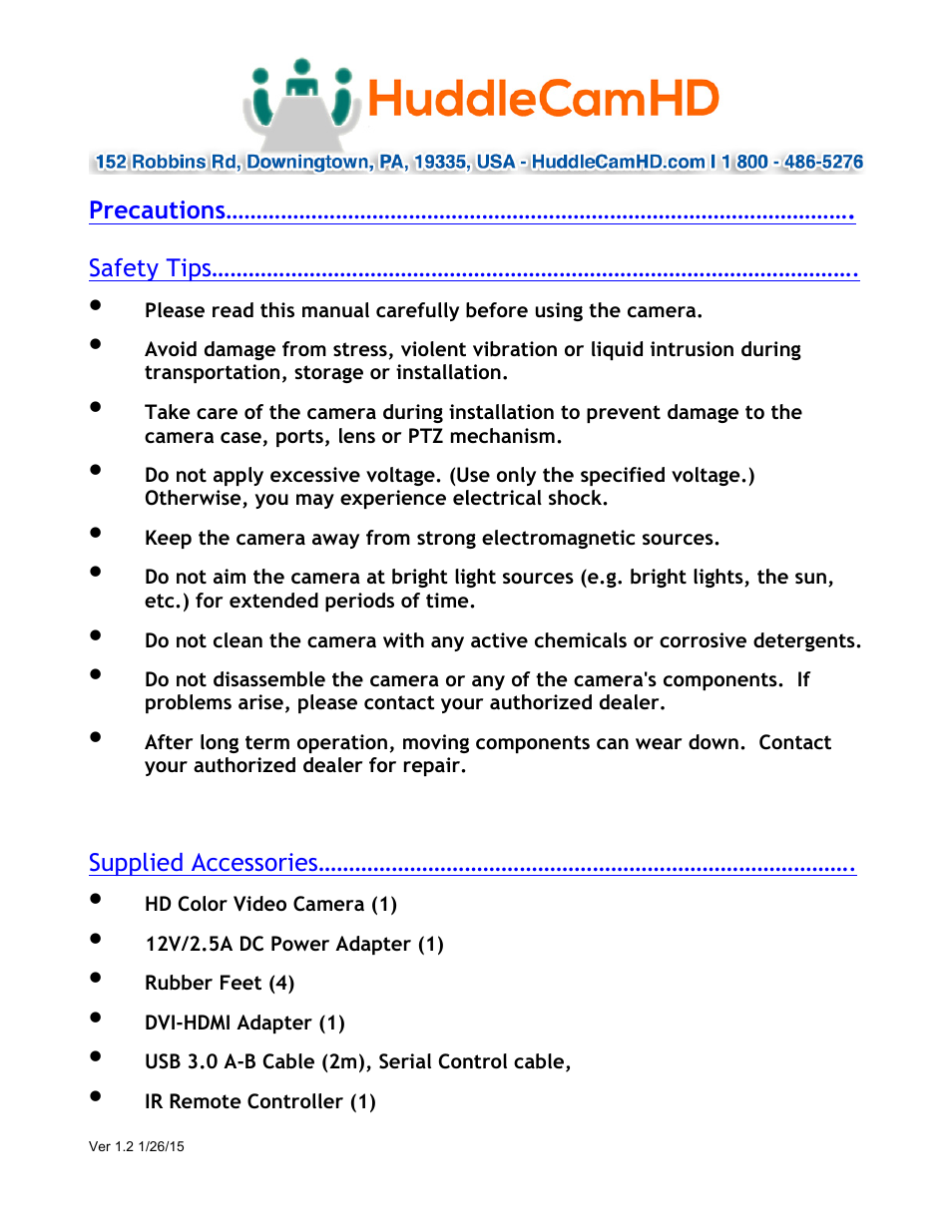 HuddleCamHD 18x User Manual | Page 2 / 20