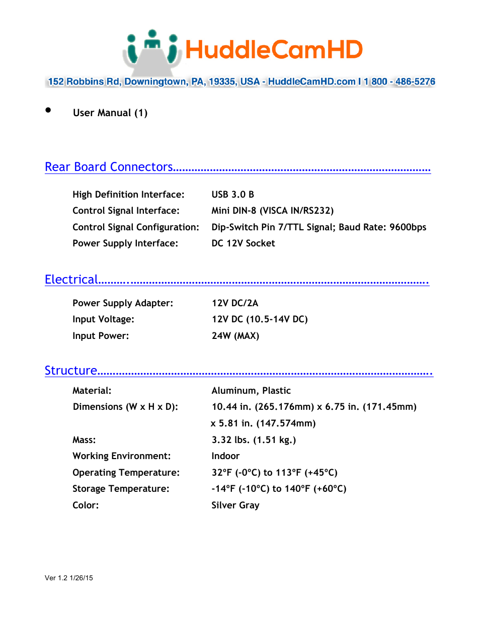 Rear board connectors, Electrical, Structure | HuddleCamHD 18x User Manual | Page 3 / 20