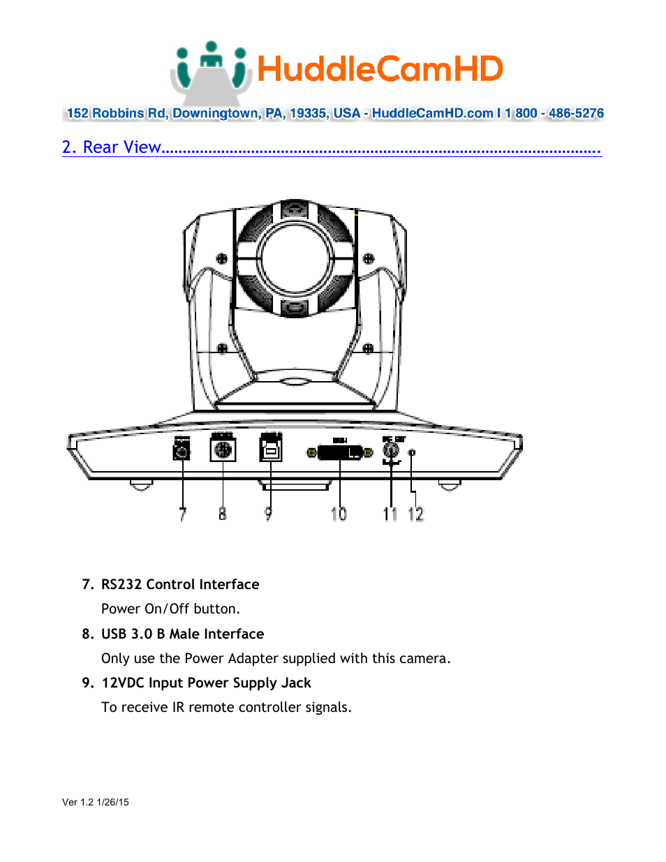 Rear view | HuddleCamHD 18x User Manual | Page 6 / 20
