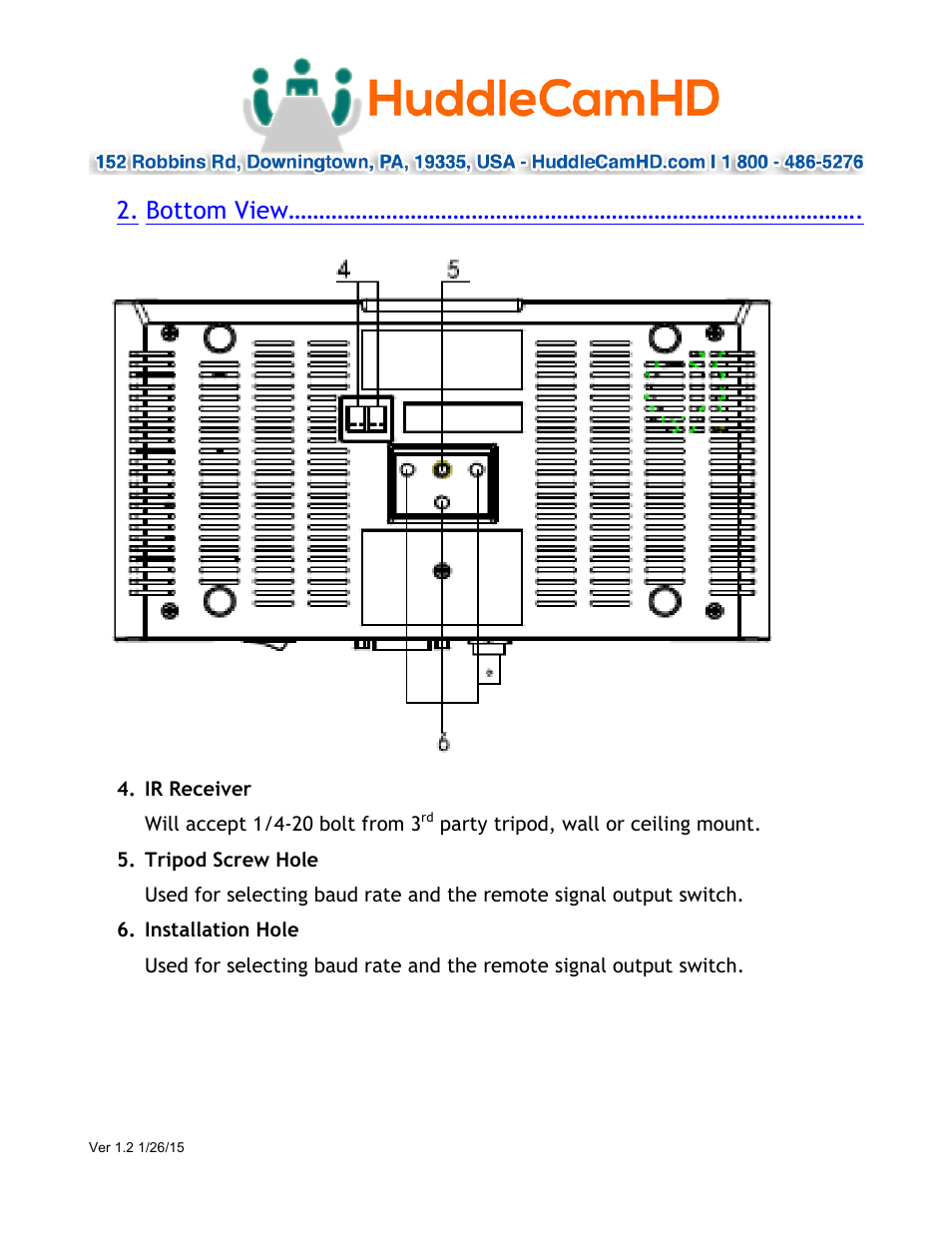Bottom view | HuddleCamHD 18x User Manual | Page 7 / 20