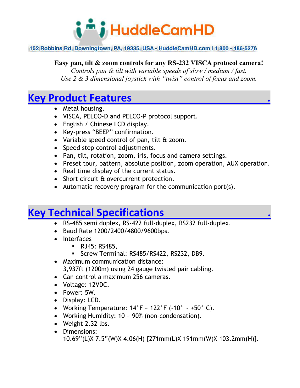 Key product features, Key technical specifications | HuddleCamHD RS-232 User Manual | Page 2 / 6