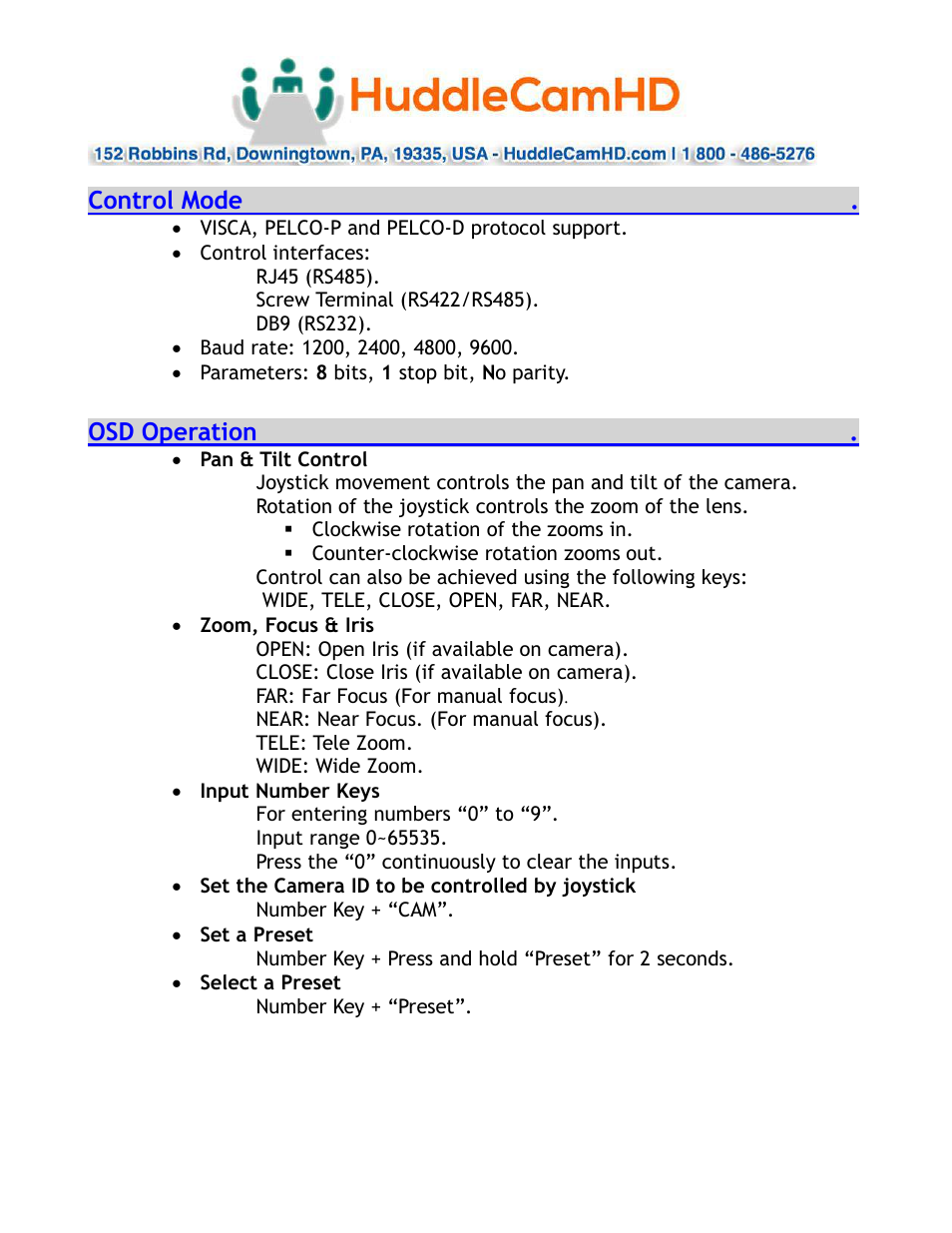 Control mode, Osd operation | HuddleCamHD RS-232 User Manual | Page 4 / 6