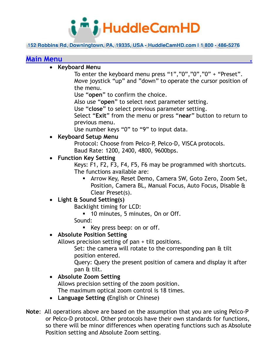 Main menu | HuddleCamHD RS-232 User Manual | Page 5 / 6