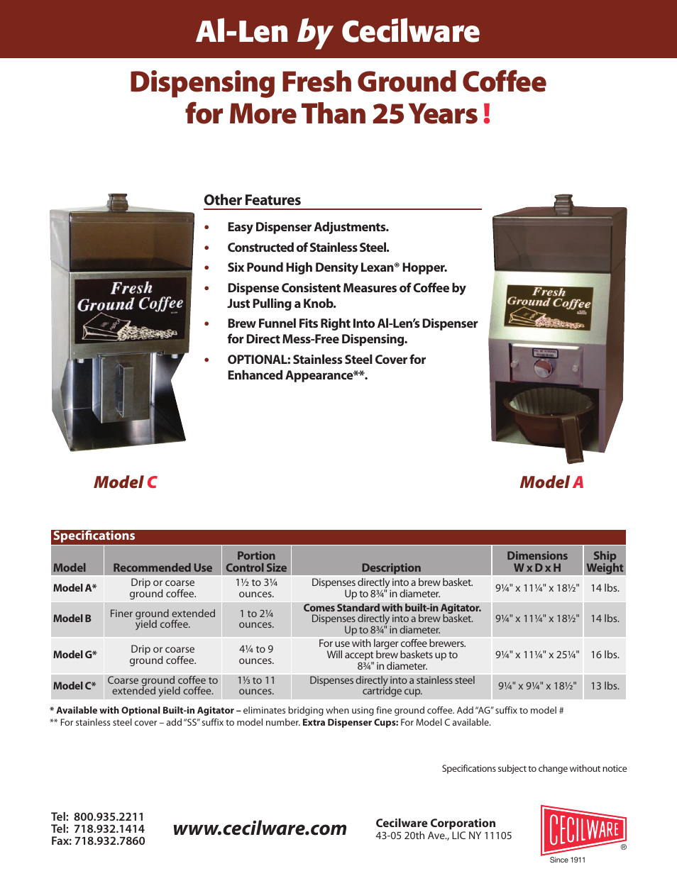 Al-len by cecilware, Model a model c | Cecilware Ground Coffee Dispensers User Manual | Page 2 / 2