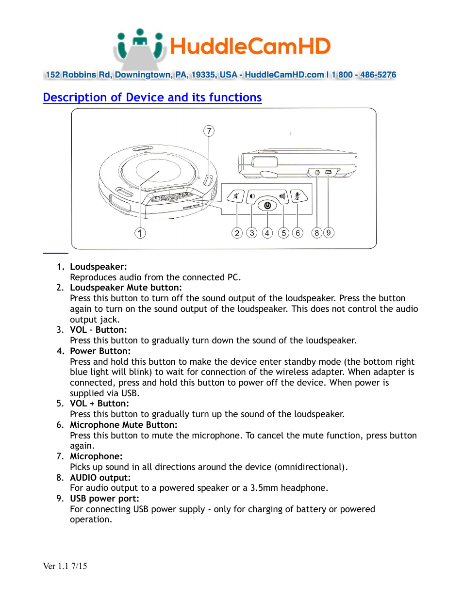 Description of device and its functions | HuddleCamHD HuddlePod Air User Manual | Page 4 / 9