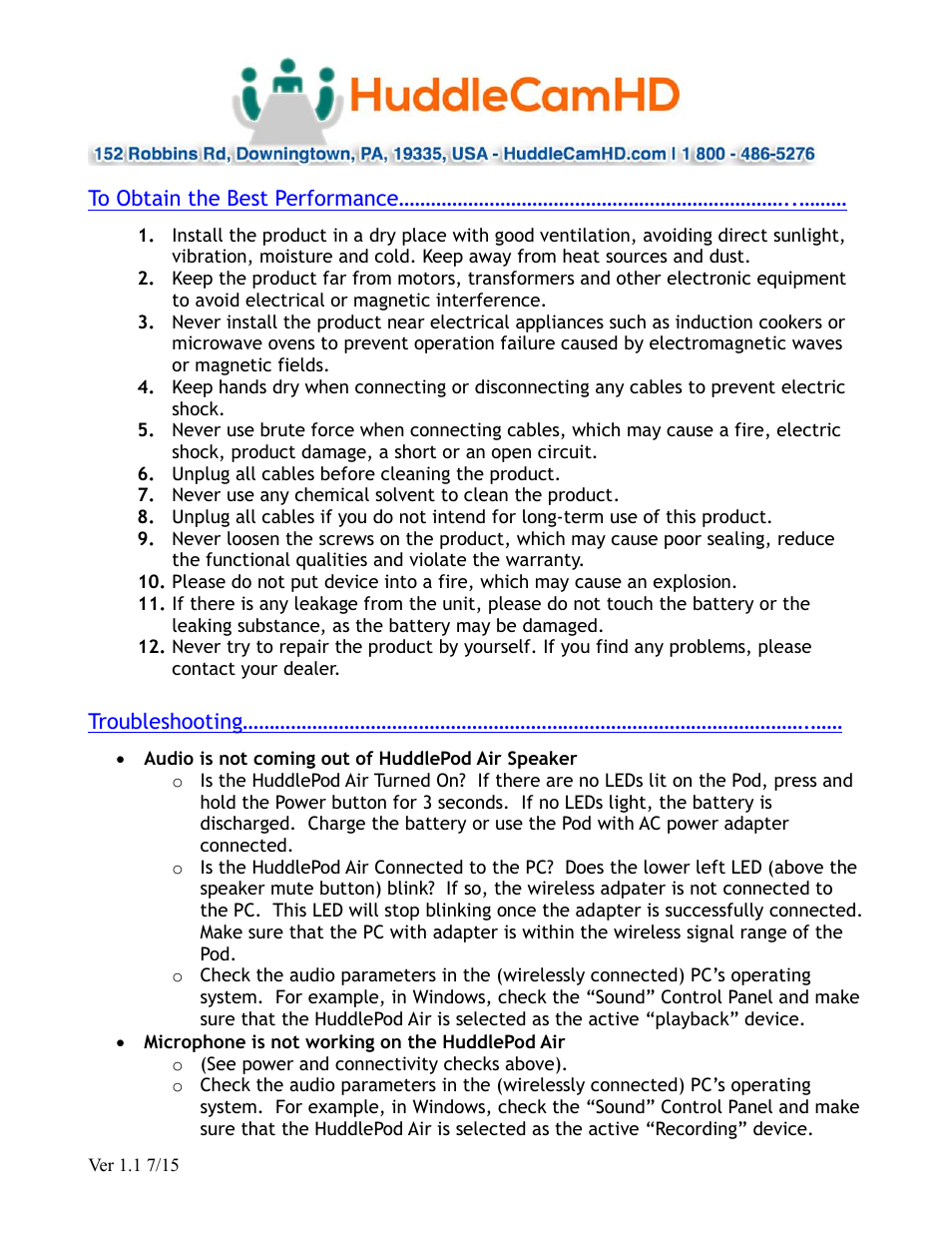 HuddleCamHD HuddlePod Air User Manual | Page 8 / 9