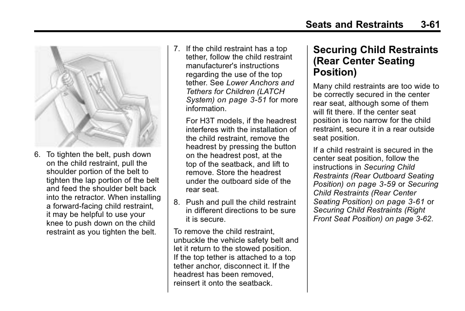 Securing child restraints, Rear center seating position) -61, Seats and restraints 3-61 | Hummer 2010 H3 User Manual | Page 105 / 410