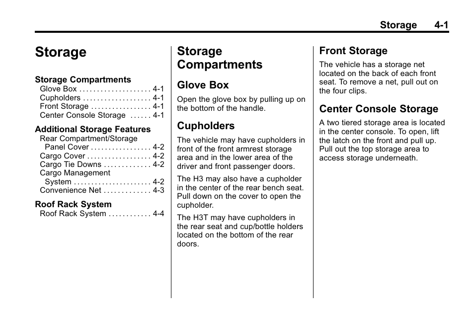 Storage, Storage compartments, Glove box | Cupholders, Front storage, Center console storage, Storage -1, Storage compartments -1, Driving | Hummer 2010 H3 User Manual | Page 109 / 410