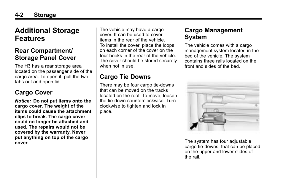 Additional storage features, Rear compartment/storage panel cover, Cargo cover | Cargo tie downs, Cargo management system, Rear compartment/storage, Panel cover -2, Cargo cover -2 cargo tie downs -2 cargo management, System -2 | Hummer 2010 H3 User Manual | Page 110 / 410