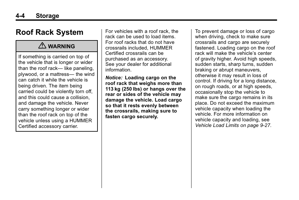 Roof rack system, Engine, Roof rack system -4 | Hummer 2010 H3 User Manual | Page 112 / 410