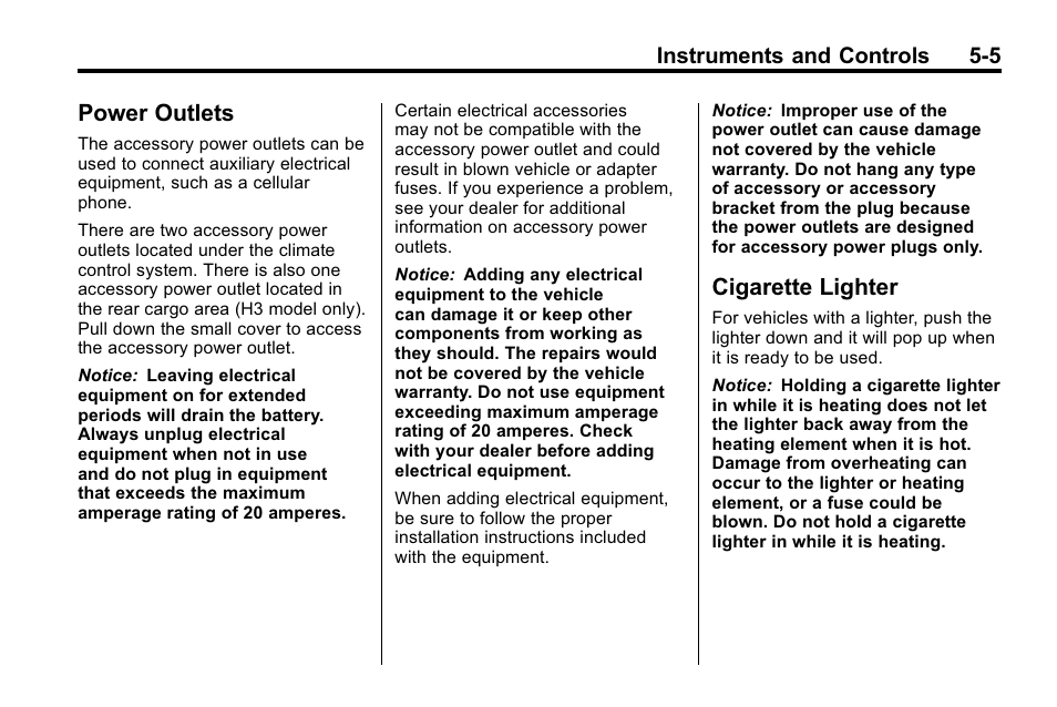 Power outlets, Cigarette lighter, Power outlets -5 cigarette lighter -5 | Hummer 2010 H3 User Manual | Page 119 / 410