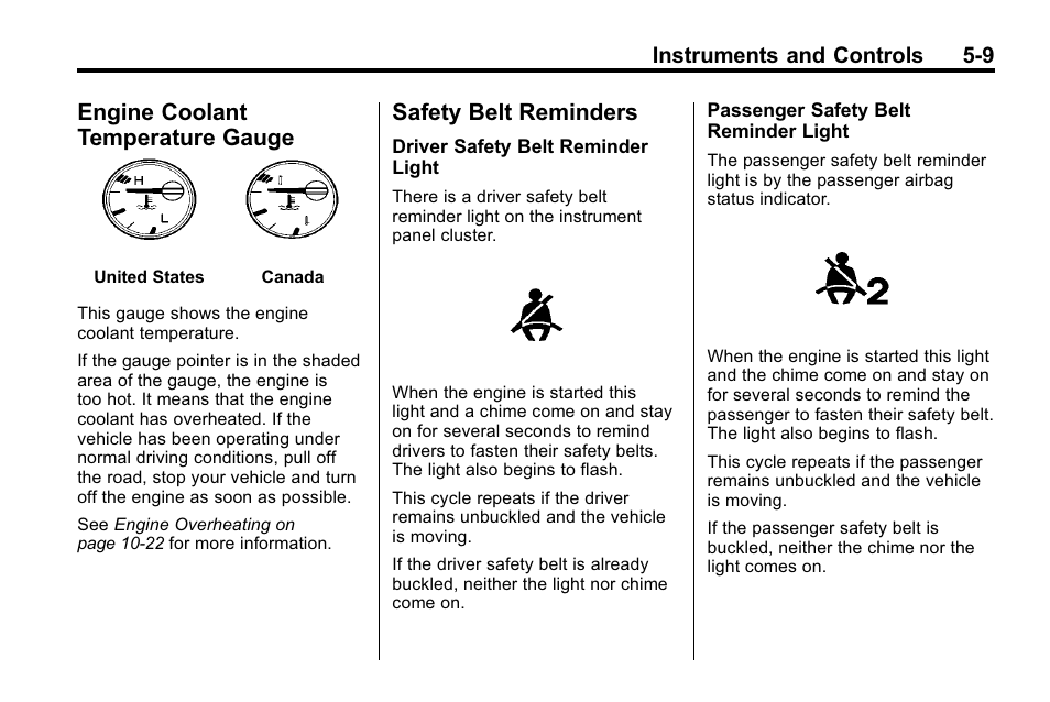 Engine coolant temperature gauge, Safety belt reminders, Engine coolant temperature | Gauge -9, Safety belt reminders -9, Brake, Instruments and controls 5-9 | Hummer 2010 H3 User Manual | Page 123 / 410