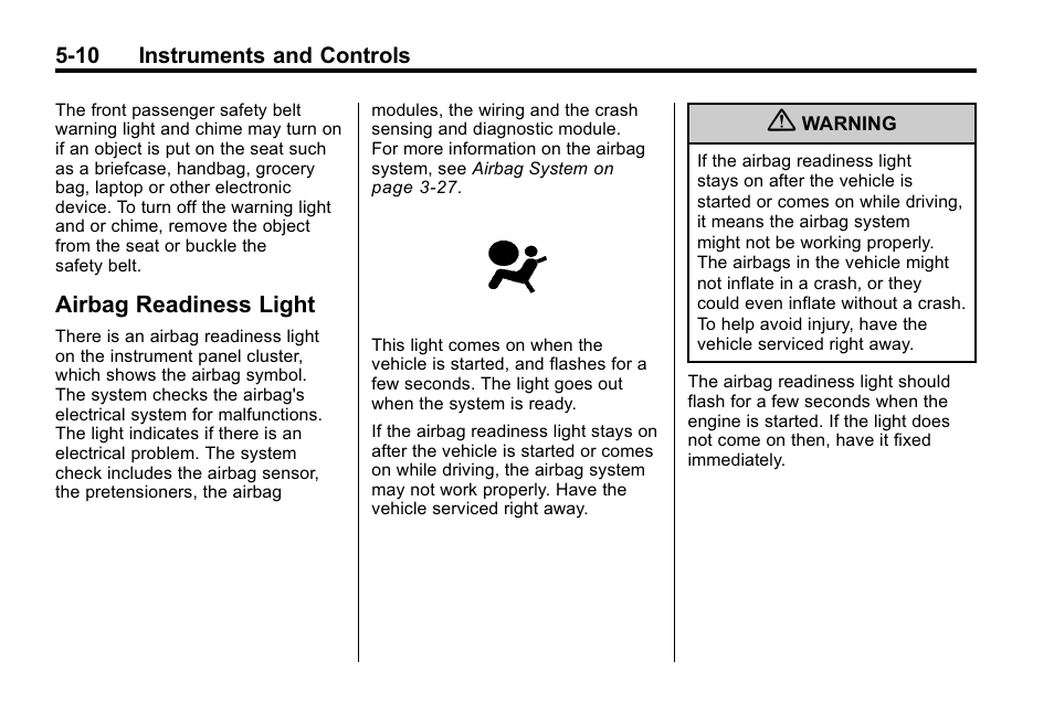 Airbag readiness light, Airbag readiness light -10 | Hummer 2010 H3 User Manual | Page 124 / 410