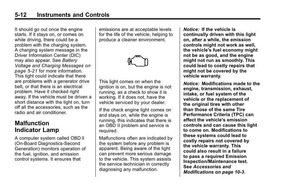 Malfunction indicator lamp, Malfunction, Indicator lamp -12 | 12 instruments and controls | Hummer 2010 H3 User Manual | Page 126 / 410