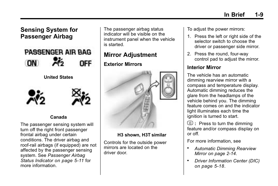 Sensing system for passenger airbag, Mirror adjustment, Sensing system for passenger | Airbag -9, Mirror adjustment -9, Performance | Hummer 2010 H3 User Manual | Page 13 / 410