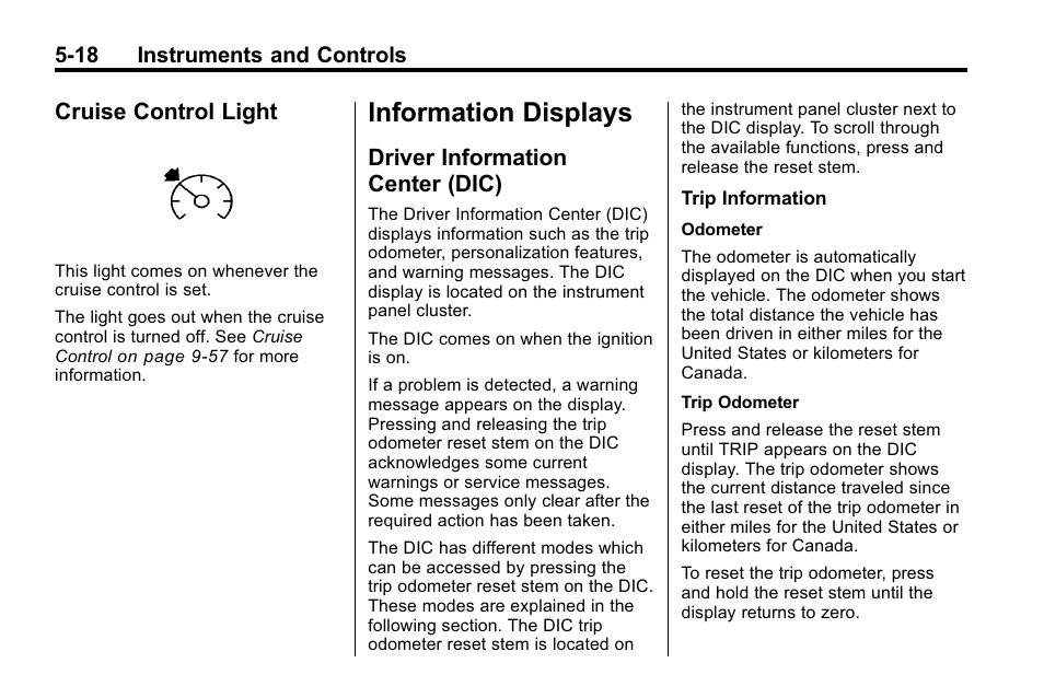 Cruise control light, Information displays, Driver information center (dic) | Displays -18, Cruise control, Cruise control light -18, Driver information, Center (dic) -18 | Hummer 2010 H3 User Manual | Page 132 / 410